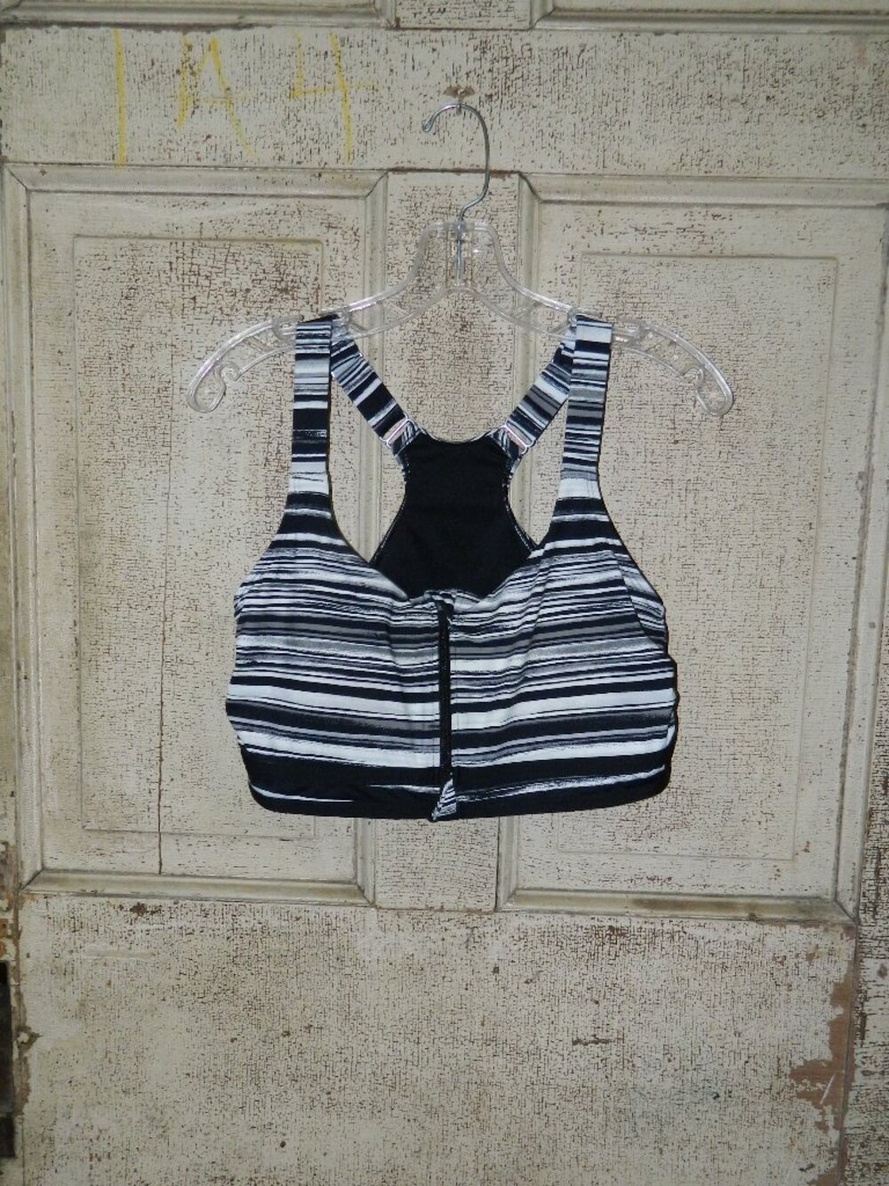 Lands' End Zip Front Bikini Swimsuit Top Black White Adjustable Sz 12 (W-7)